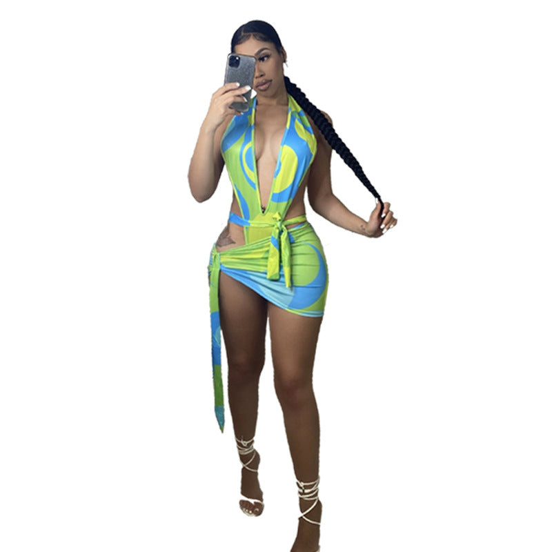Colorful Print Halter Swimsuit Two Piece