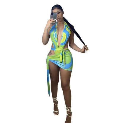 Colorful Print Halter Swimsuit Two Piece
