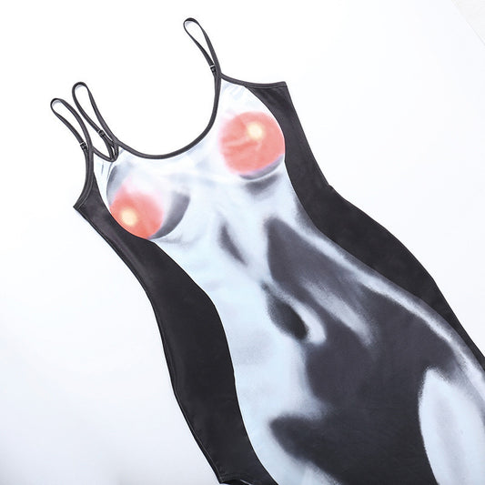 Deep V High Slit Casual Fashion Human Body Printed Sexy Sling Dress