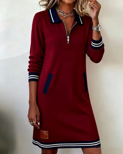 Casual Sports Dress Fashion Lapel Zipper Pockets Long Sleeve Dresses For Women Clothing