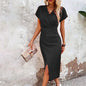 Slim-fit Short-sleeved Dress Fashion Sexy Split V-neck Dress Summer Women's Clothing