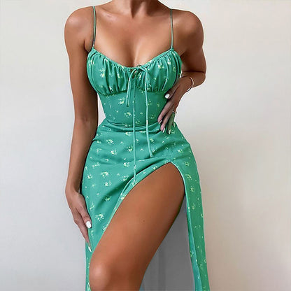 Women's Fashion Printed Lace Up Slit Slip Dress