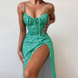 Women's Fashion Printed Lace Up Slit Slip Dress