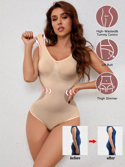 3-in-1 Seamless Mid-Thigh Shapewear Bodysuit Full Upper Support Tummy Control Butt Lift