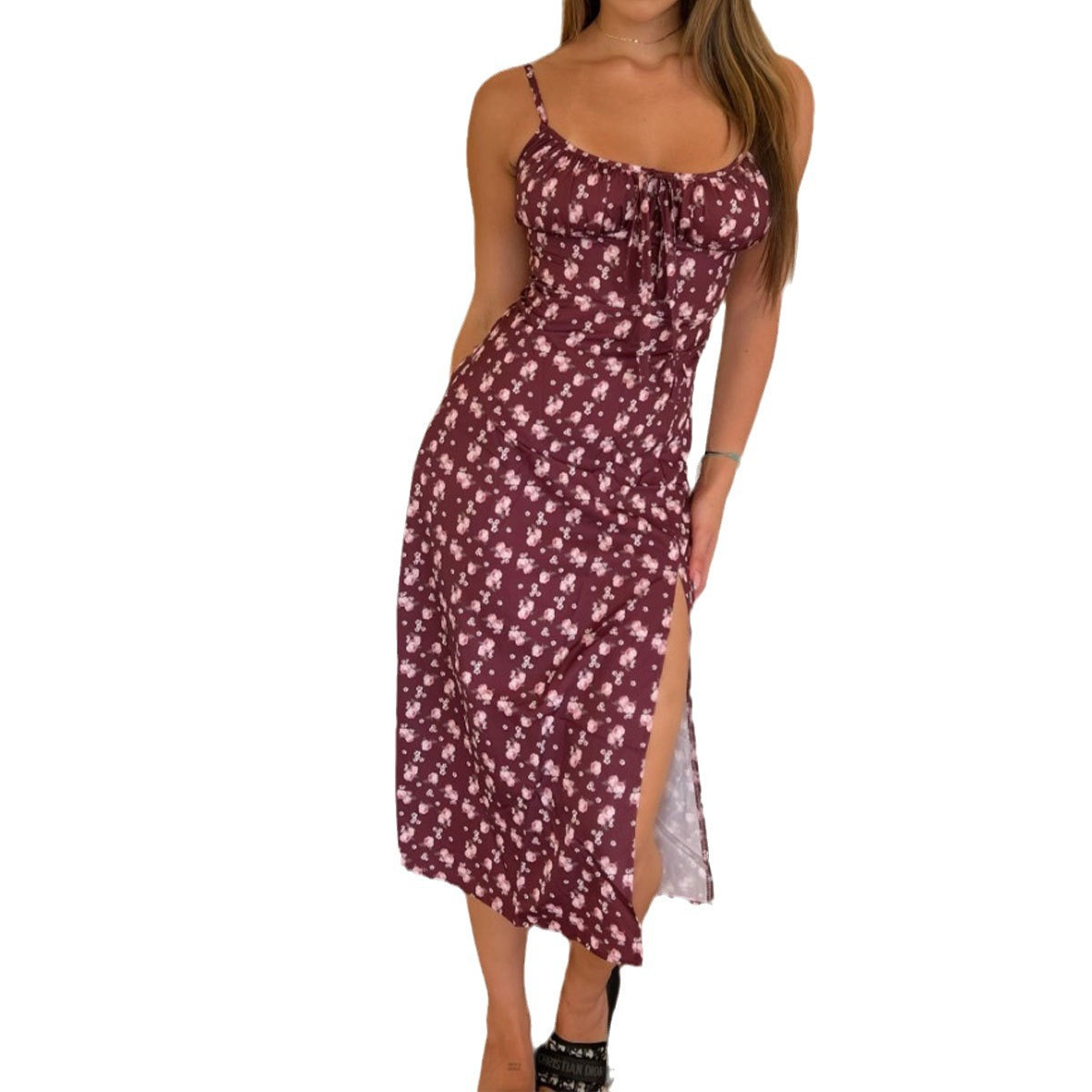 Women's Fashion Printed Lace Up Slit Slip Dress