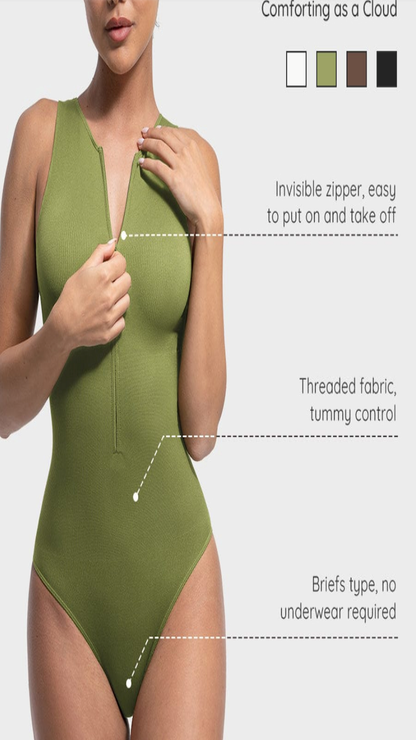 Seamless Ribbed Zip-front Sleeveless Briefs Bodysuit