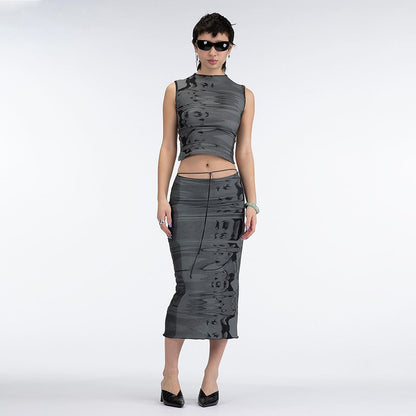 Women's Sleeveless Crew Neck Cutout Tank Top Mid Skirts