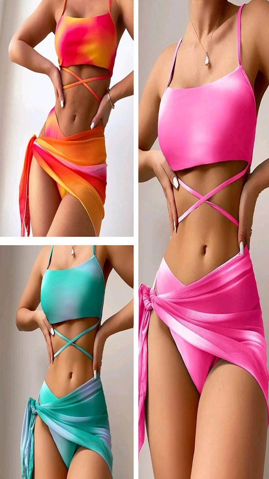 3pcs Tie Dye Print Bikini With Short Skirt Summer Beach Sexy Swimwear Womens Clothing